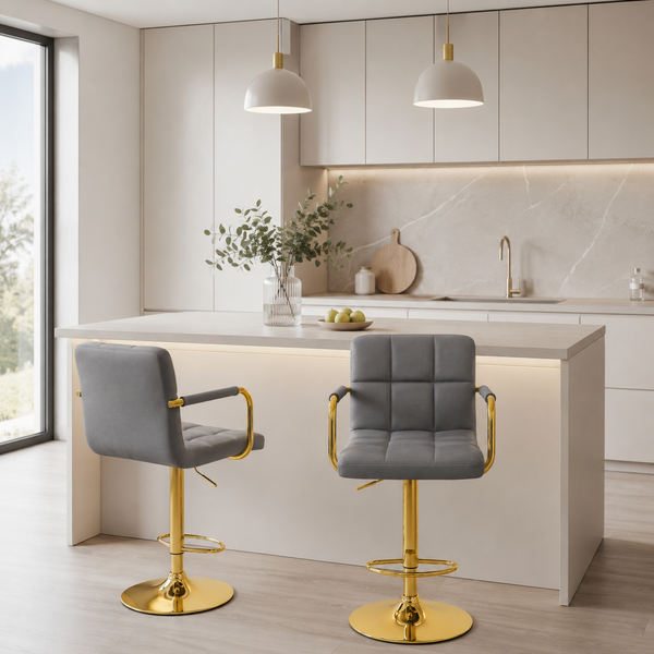 Барний стілець з підлокітниками регульований по висоті Меган G 60&ndash;82 см, сірий, золота основа 8745032 фото