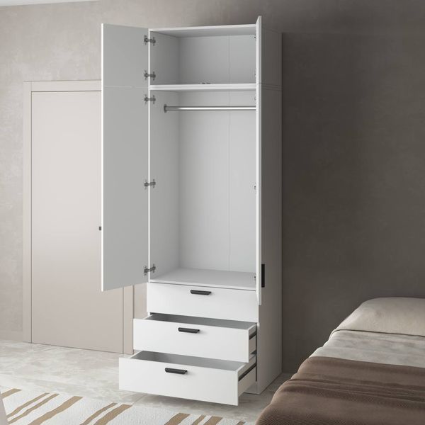 Высокий шкаф для одежды с антресолью, штангой и 3 ящиками, 80&times;50&times;240 см белый М-70/М-62 фото